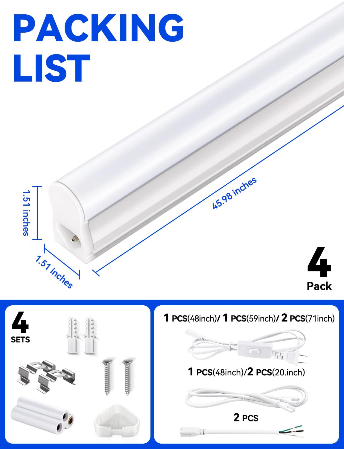 4FT LED Shop Lights 2300LM 6500K Bright White LED Integrated Fixture 20W Linkable Garage Light Ceiling and Cabinet — view 4