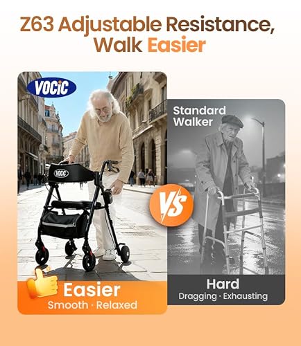 VOCIC Walkers for Seniors with Seat, Z63 Rollator with Resistance 4 Level Adjustable for Smooth and Controlled Walking, Damping System for Safety, Stability, Recovery & Balance Support — view 3