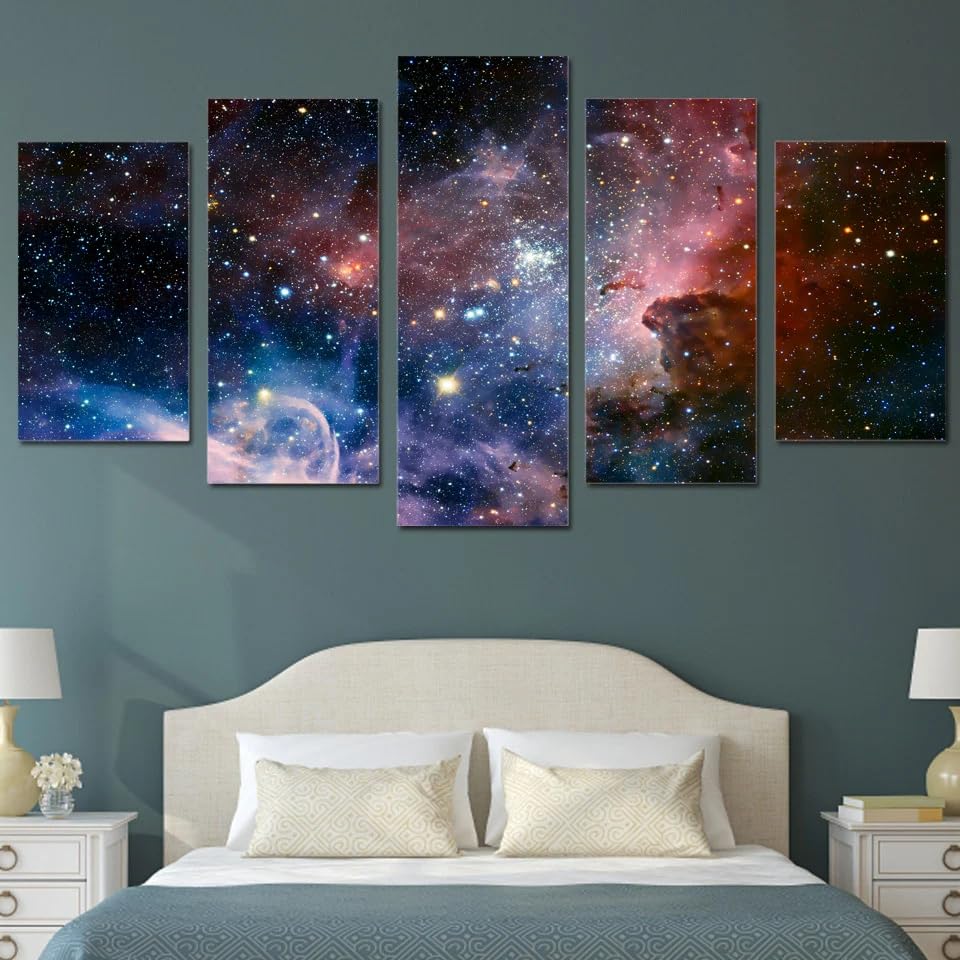 Deco Murale Salon Espace Univers - Grand Tableau 5 Parties sur Toile Imprimée avec Châssis