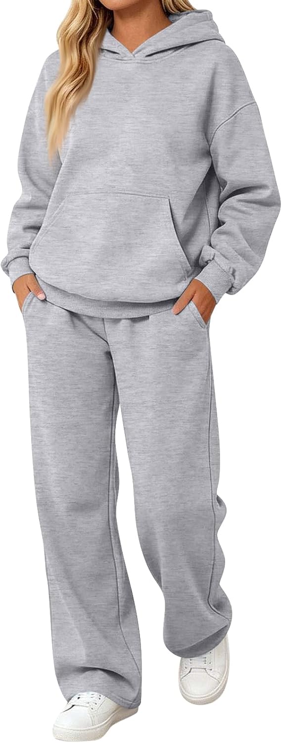 FQZWONG Womens Sweatsuits 2 Piece Outfit Track Suit Oversized Hoodie Wide Leg Sweatpant Soild Sweat Set Fall Winter Clothes