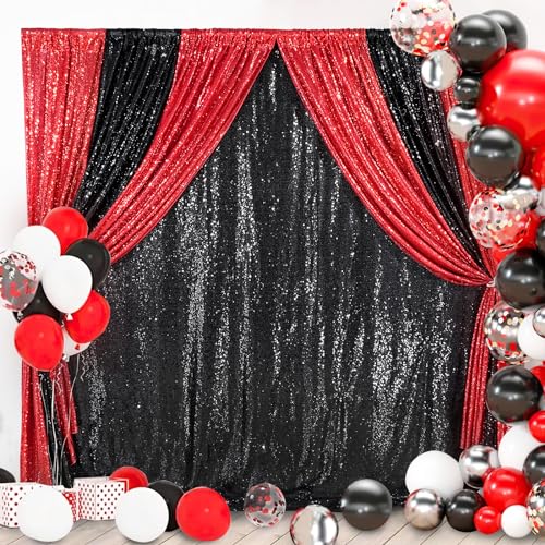 Image of Black Sequin Backdrop Curtain Drapes Wall Backdrop Party Decorations 8x8FT | Twilight Sparkle Glitter Fabric for Photography Background /Wedding /Baby Shower /Pincess Happy Birthday /Theme Party
