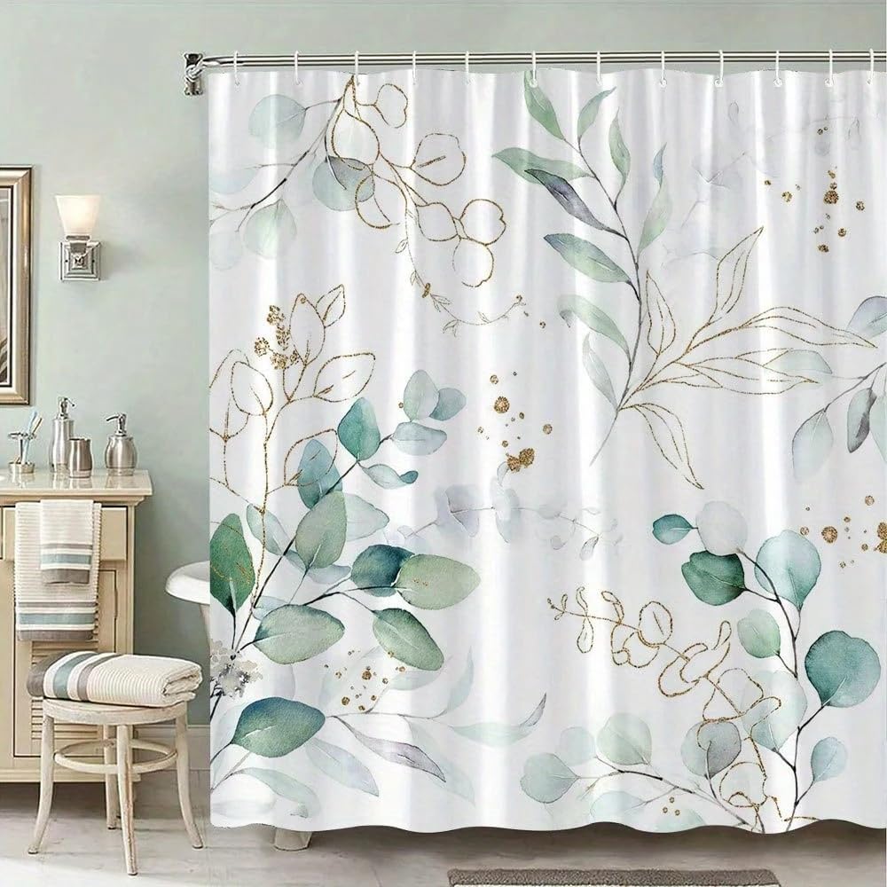 GLKSDLPO Delicate Eucalyptus Leaves Shower Curtain With Green And Blue Hues Touch Of Golden Elegant Minimalist Style Includes 12 Hooks(183x214cm/72x84in(WxH))