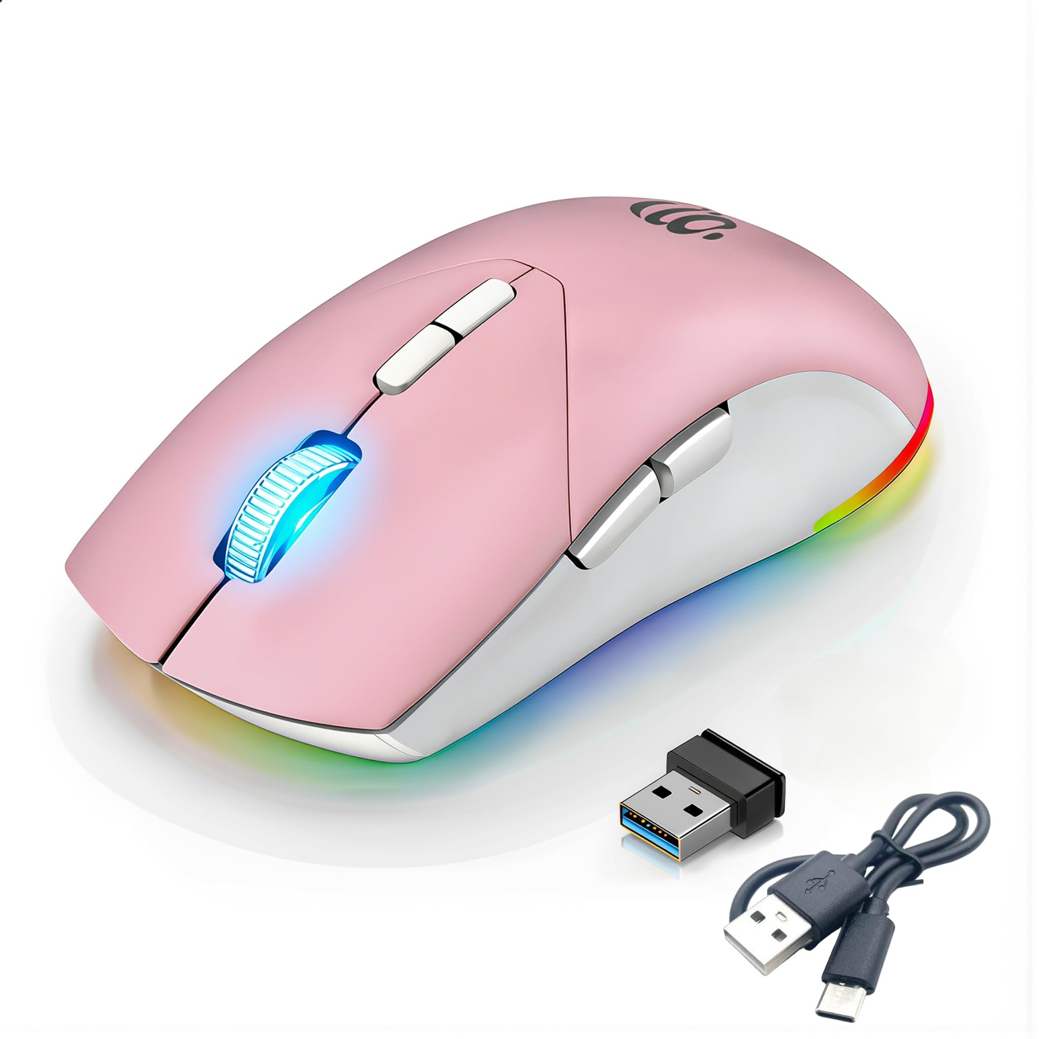 Ratón Bluetooth inalámbrico, ratón óptico USB recargable, 3 DPI ajustables, LED silencioso modo dual (Bluetooth 5.2 y 2.4G) Ratón inalámbrico para Mac, portátil, PC, Android, Windows (rosa)
