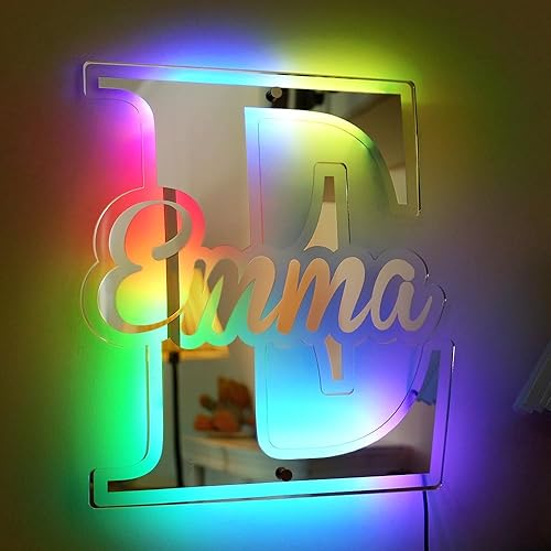 Miniatura 57 de VEELU Espejo con nombre personalizado – Espejo con luz LED – Letrero con nombre personalizado para decoración de pared – Decoración de dormitorio
