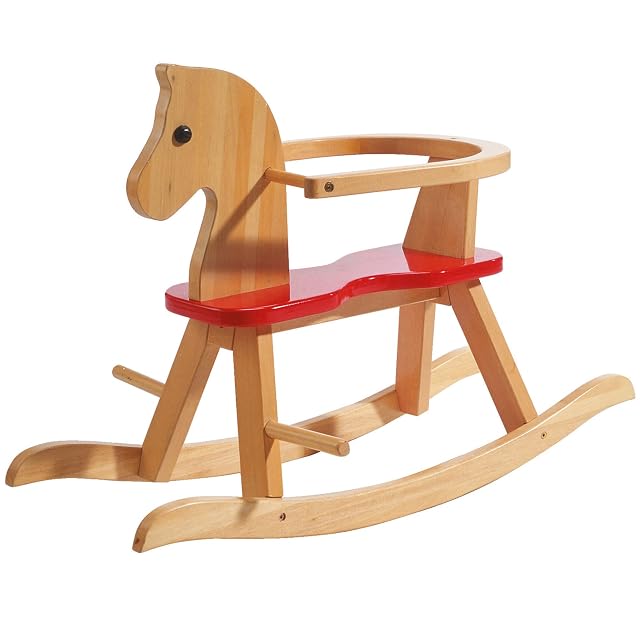 roba Caballito de Madera Natural con Asiento Rojo + Anillo de Protección Extraíble