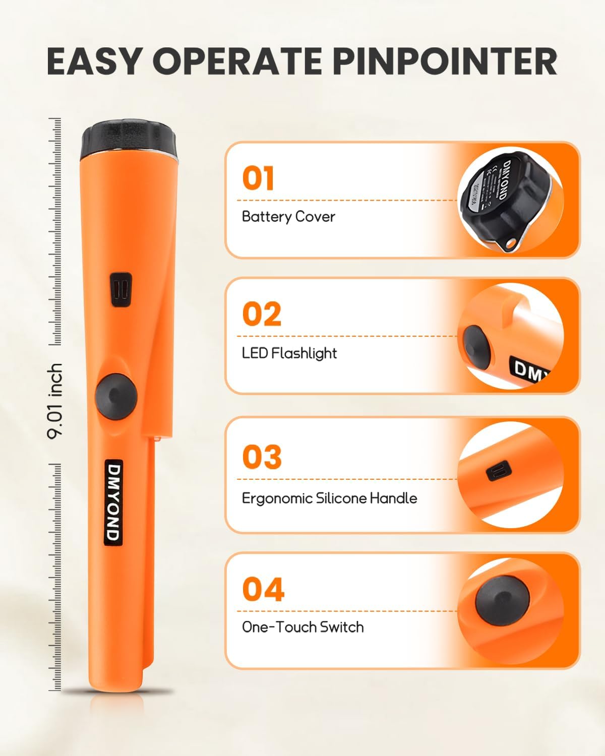 Dmyond Metal Detector Pinpointer - Professional Waterproof Handheld Pin Pointer Wand - High Sensitivity 360° Detection - Search Treasure Pinpointing Finder Probe for Adults, Kids - Orange