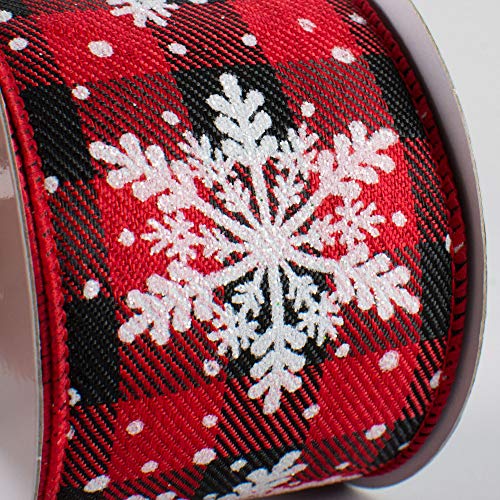 Image of Buffalo Plaid Snowflakes Wired Ribbon - 2 1 /2 inch x 10 Yards, Red & Black Checks, Christmas Tree Ribbon, Farmhouse, Wreath, Swag, Garland, Gifts, Wrapping, Bows, Fundraiser, Classroom, Office