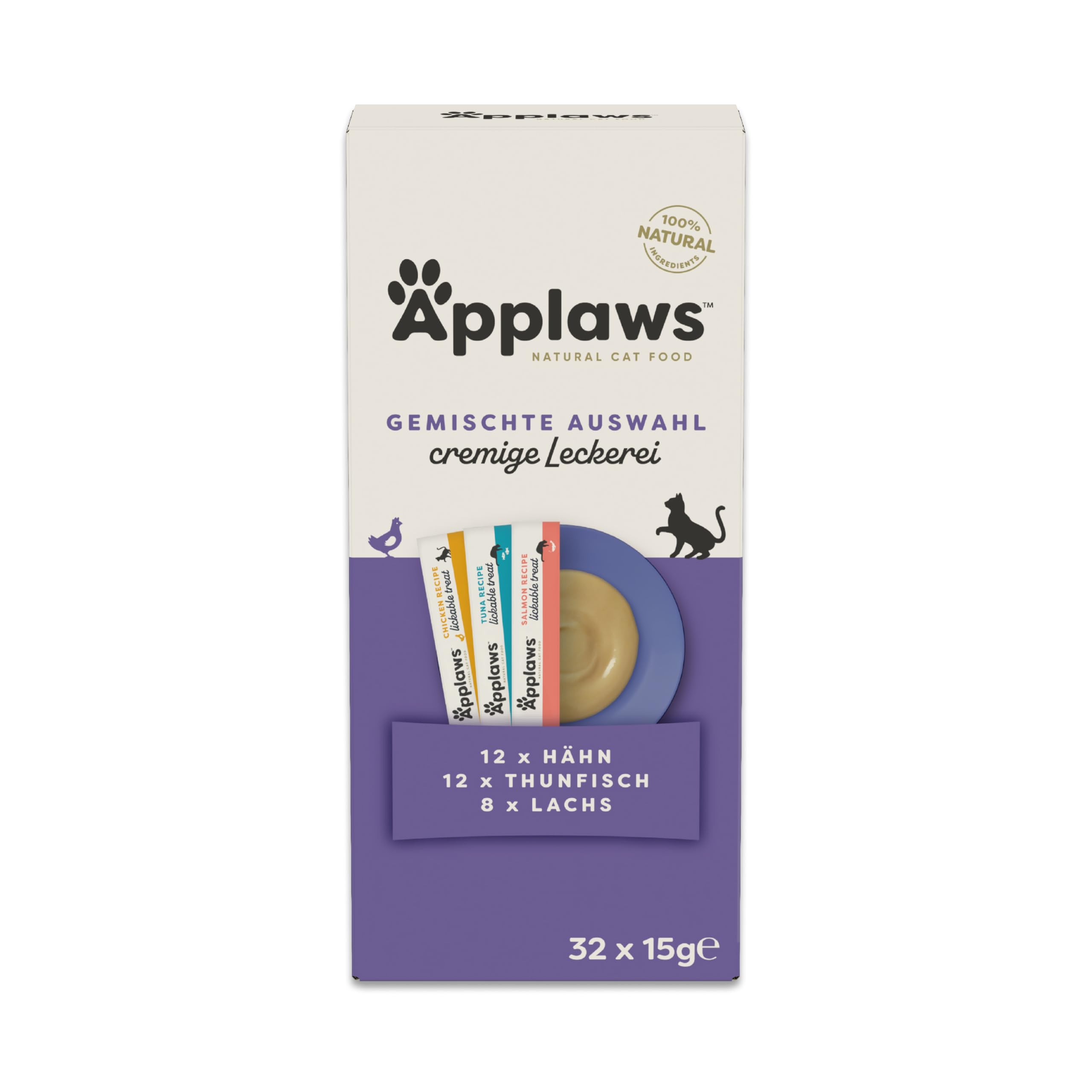 Applaws 100% natürlicher, getreidefreier, cremiger, leckbarer Snack für Katzen und Kätzchen, 32 x 15g Sachets