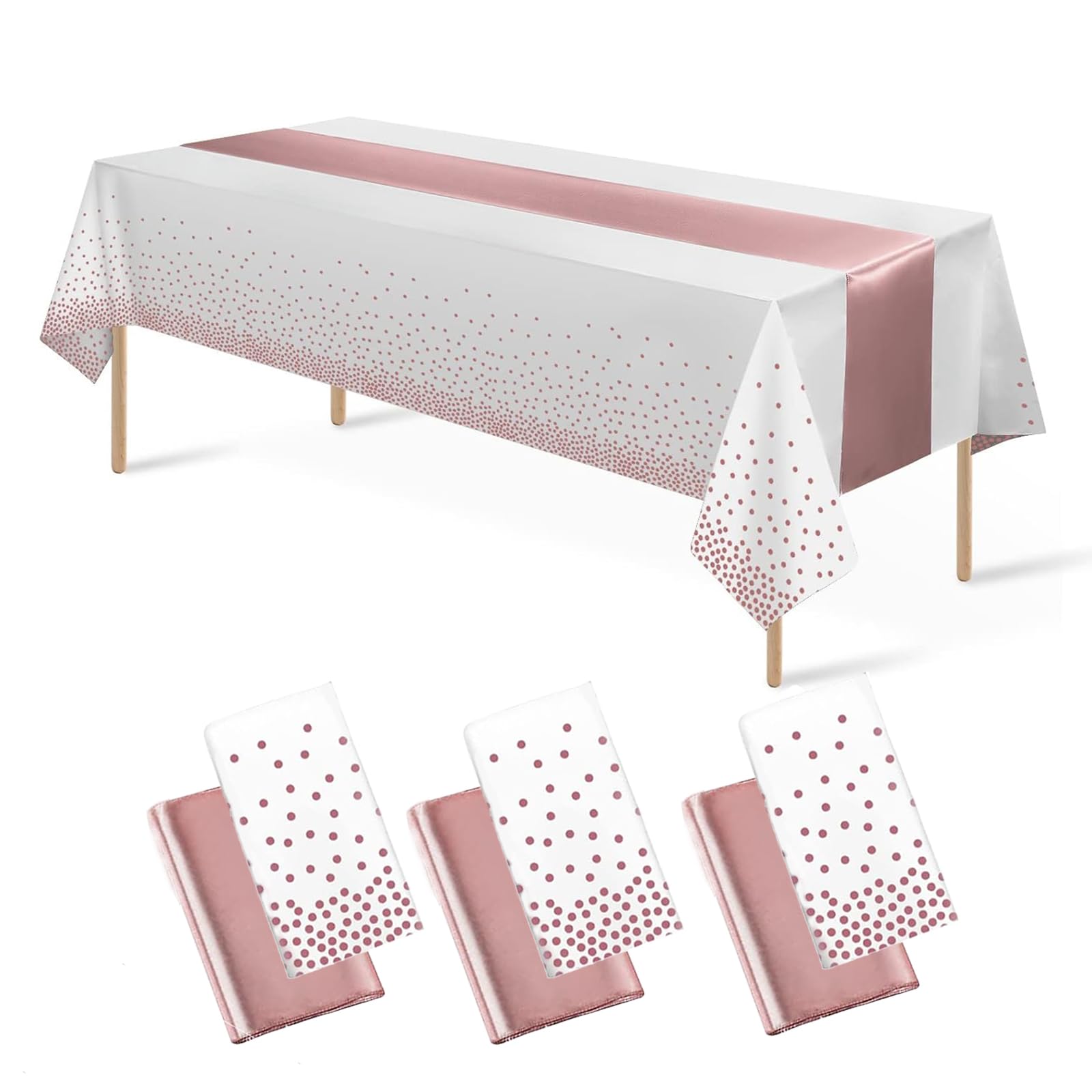 2Pack Disposable Plastic Tablecloths 137 * 274 cm and Satin Table Runner,Party Table Cloths,Gold Dot Confetti Table Cover for Birthday, Engagement, Wedding (White Rose Gold+ Rose Gold TR, 1Pack)