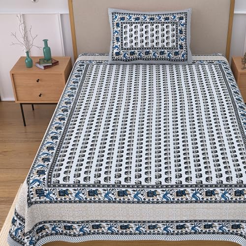 Image of 100% Cotton Single Bedsheet with 1 Pillow Cover | 240 TC Pure Cotton Flat Bed Sheet | Traditional Jaipuri Printed Bedding Set | Soft & Breathable | 60 x 90 Inch (Rangmahal Single 34)