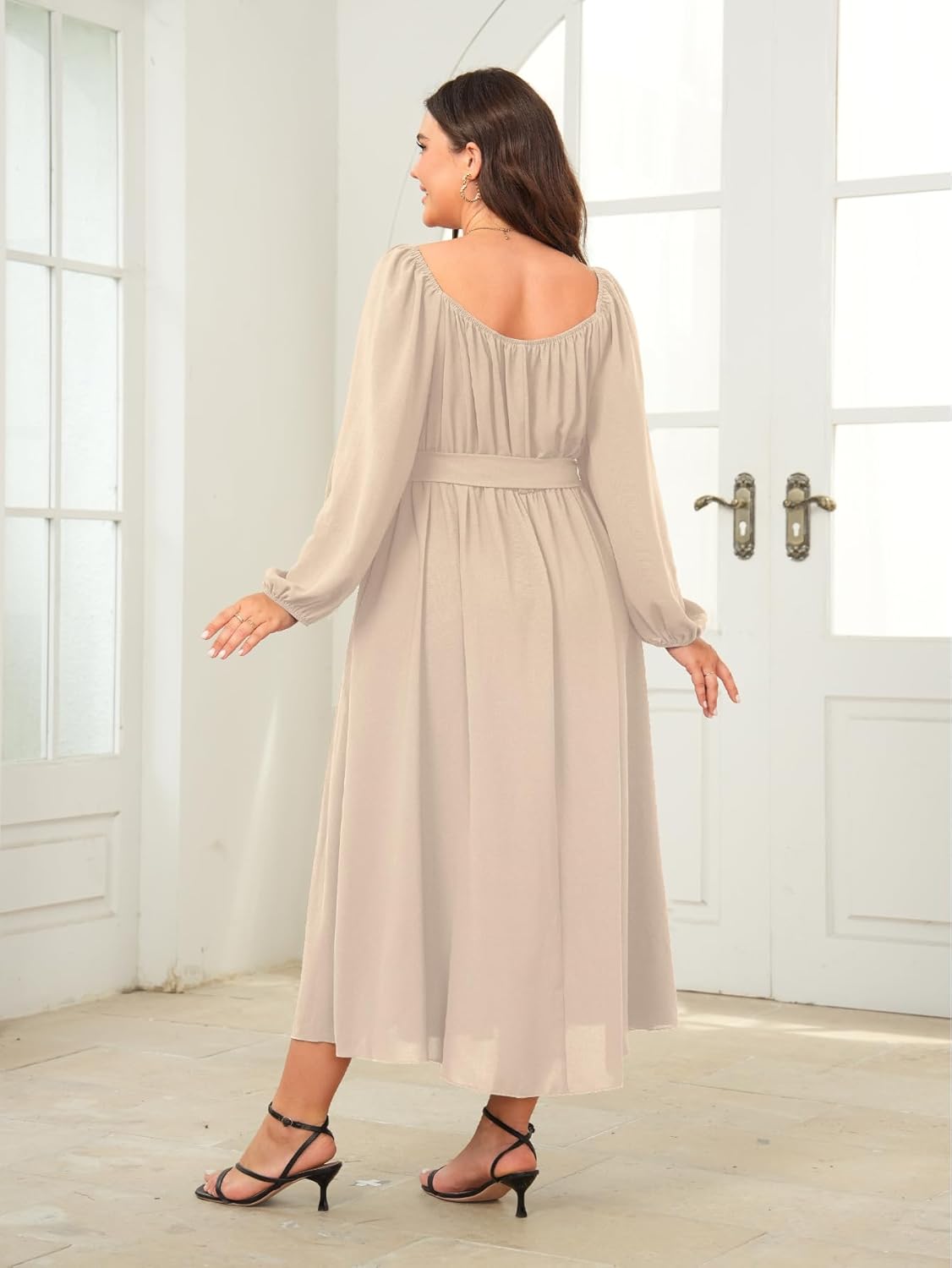 SCOMCHIC Women Plus Size Maxi Dress Long Sleeve Square Neck Wedding Guest Cocktail Belted Elegant Flowy A Line Long Dresses - Image 6
