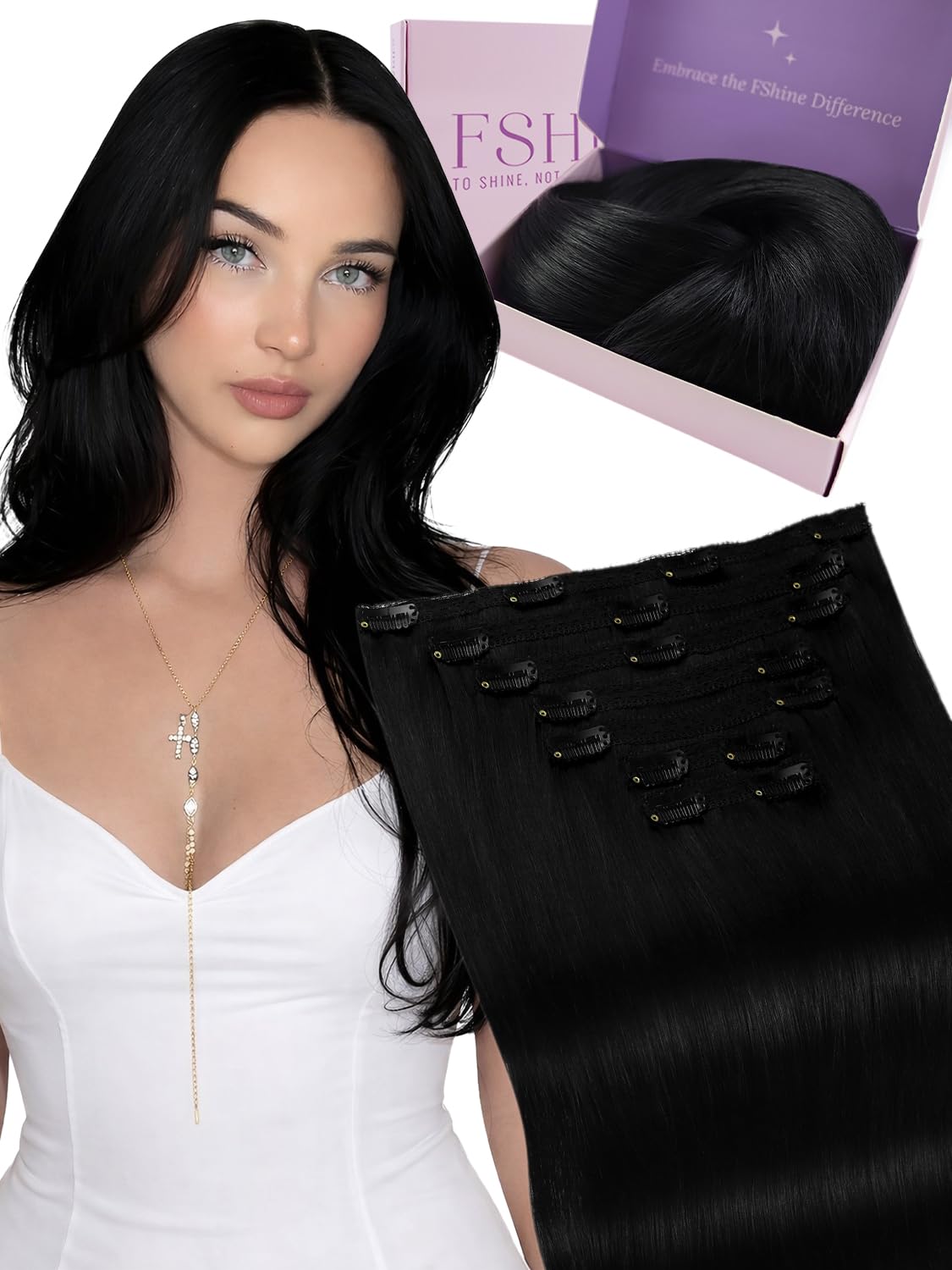 Fshine Real Hair Extensions Clip in Human Hair, Seamless Comfortable Fit 18 Inch 120 g 7pcs Jet Black Remy Straight Clip Ins Ideal for Women Daily