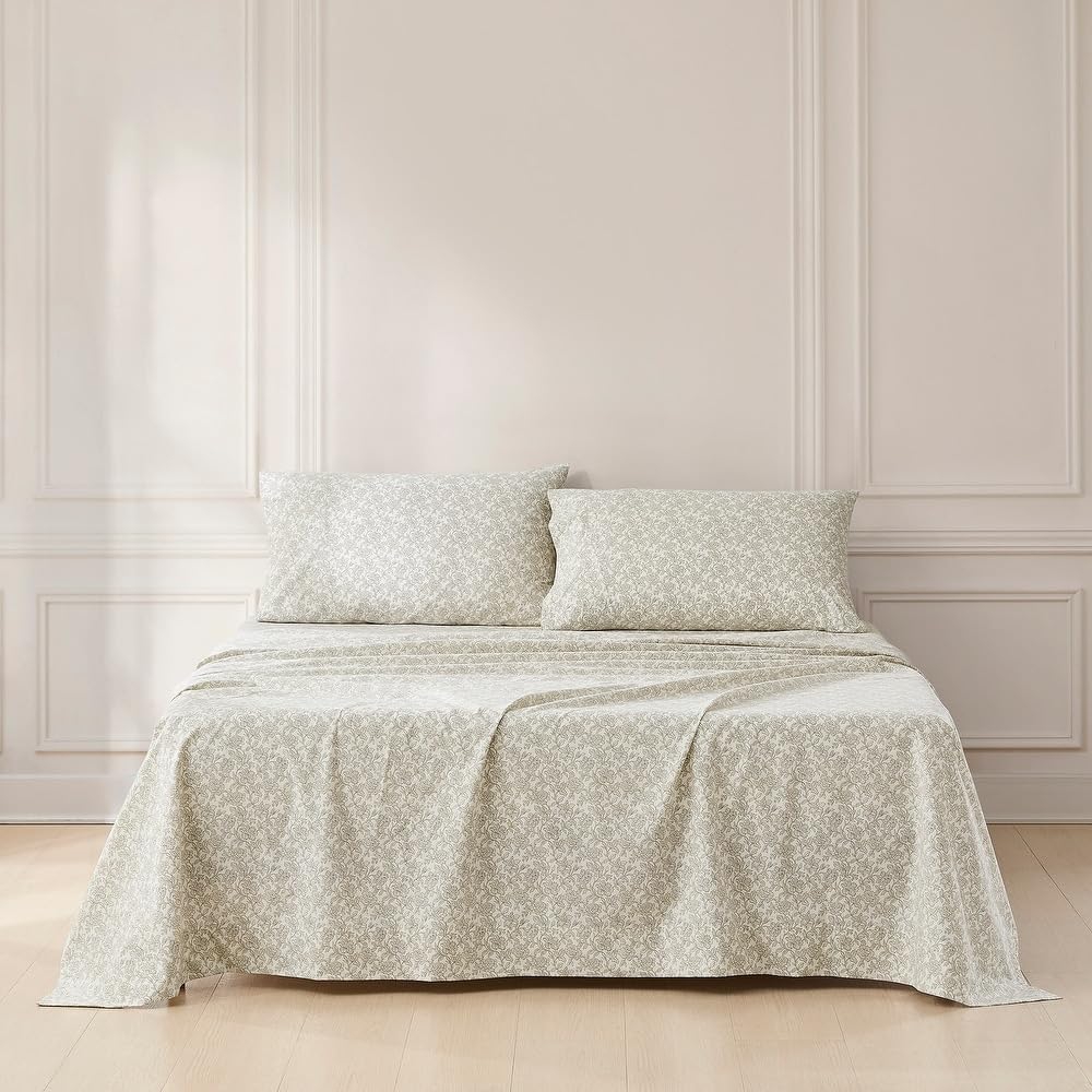 4-Piece 300 TC Eclectic Floral Cotton Bed Sheets Set Queen Size Block Print Vintage Flowers Pattern Bohemian Shabby