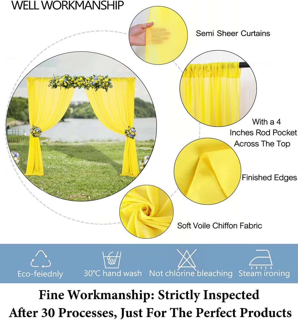 Chiffon Backdrop Curtain 96 Inch Length 2 Panel 29 Inch Width Wedding Backdrop Drapes Yellow Sheer Curtain Panels Tulle Backdrop Chiffon Fabric Photography Backdrop for Party