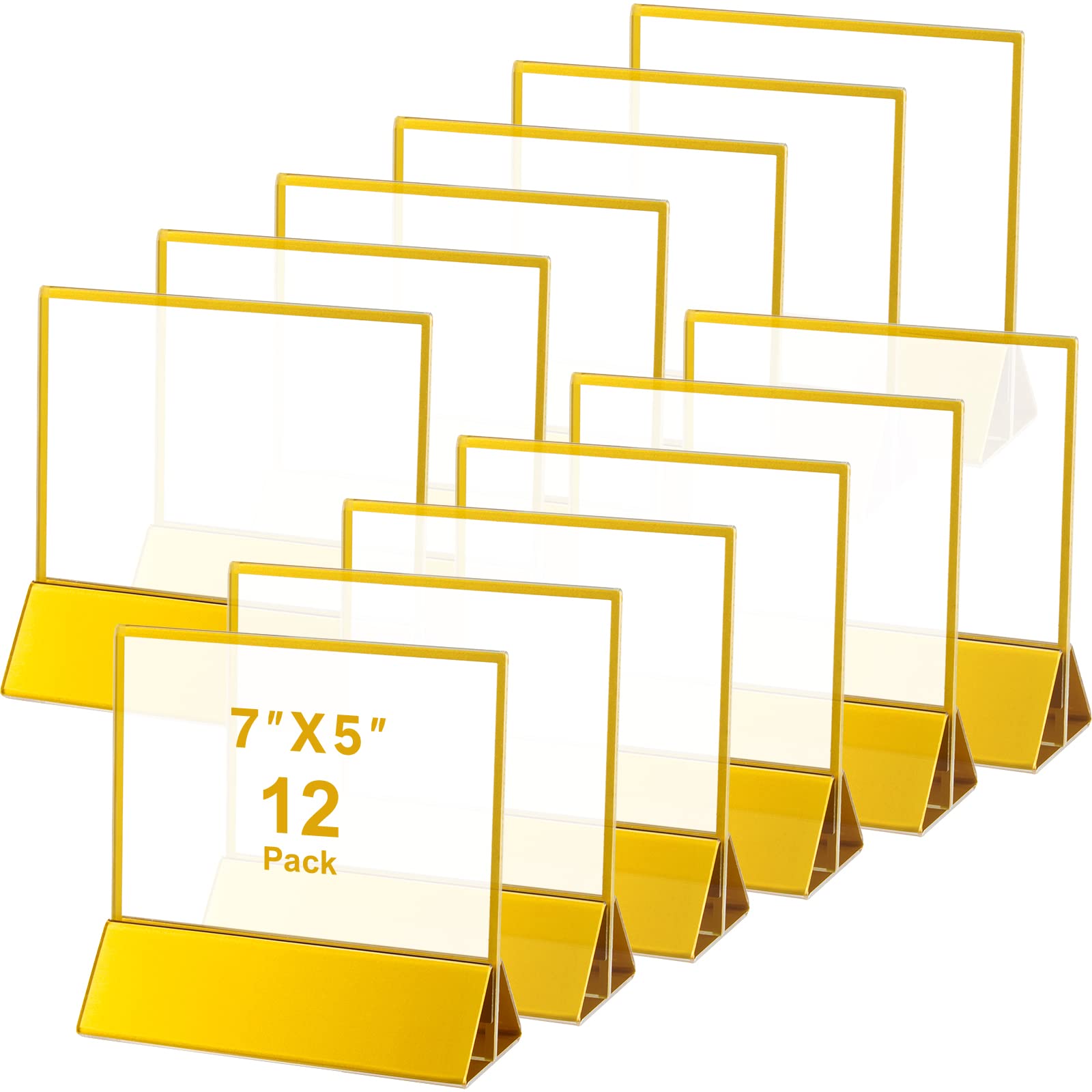Photo 1 of 12 Pack Gold Wedding Table Numbers Holder Gold Frame Acrylic Clear Sign Holder Double Sided Horizontal Table Display Stand for Restaurant Party (5 x 7 Inch, Horizontal Style)