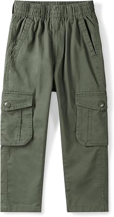 Boys Pull on Cargo Pants, Elastic Waist Cotton Twill Chinos with Pockets, Casual School Trousers for Kids