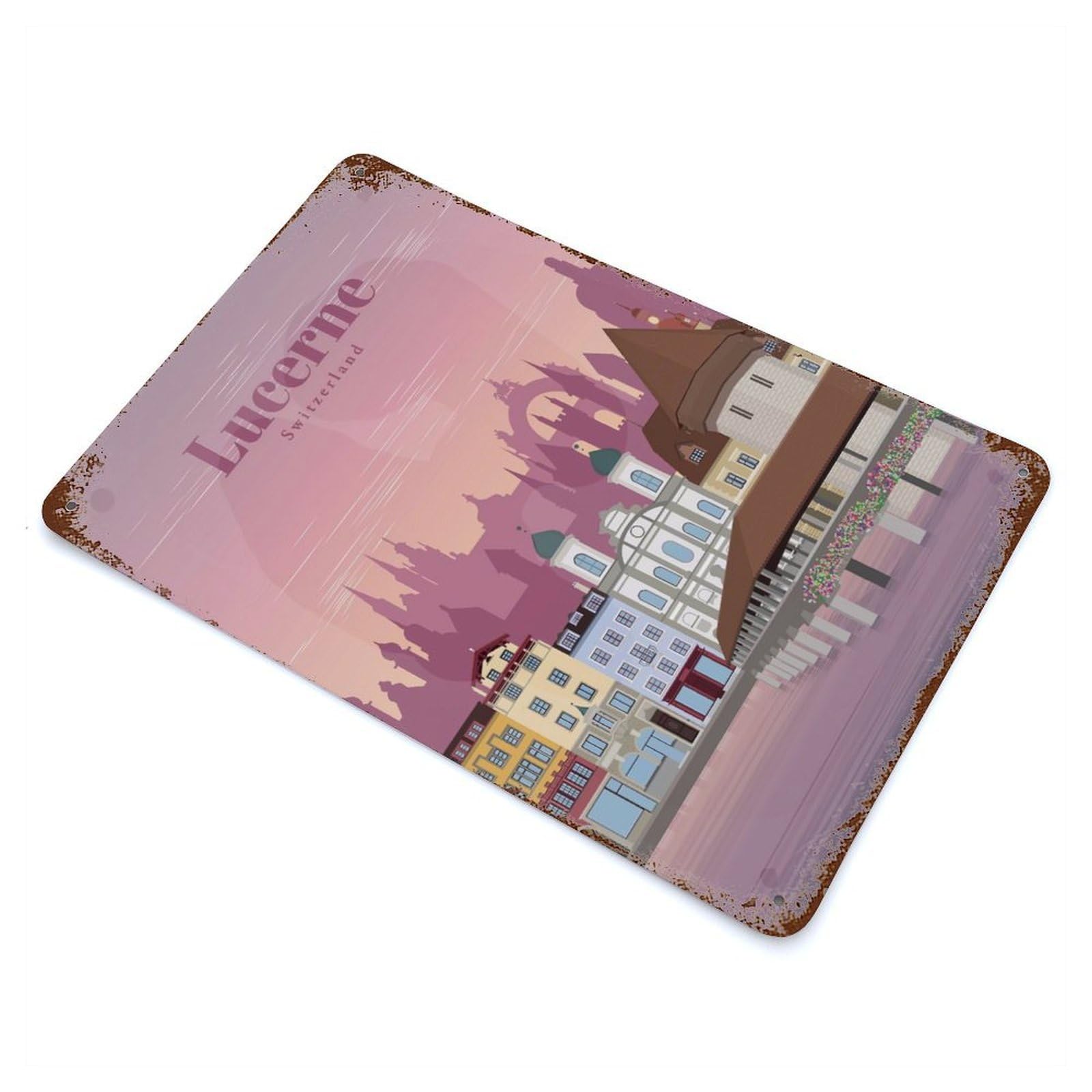 Travel to Lucerne 11.8"x7.9" Rustic Tin Plaque, Farmhouse Wall Decor for Basement, Hobby Room And Garage Decor