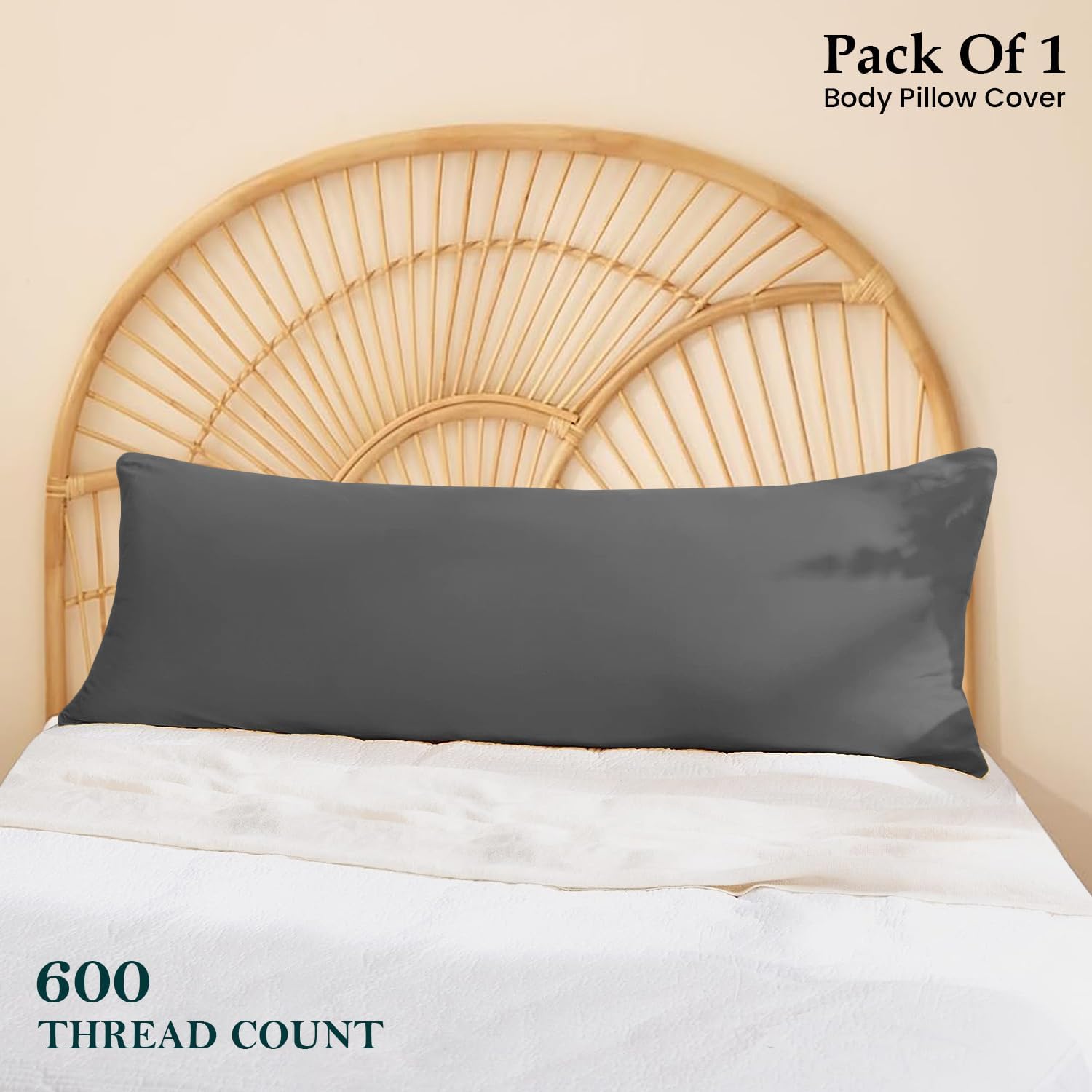 body pillow cover 20x48 body pillow case 100% egyptian cotton 600 thread count soft & skin-friendly 1 piece body pillowcase with zipper closure - 20x48 inches, dark grey dark grey body pillow case 20" x 48"
