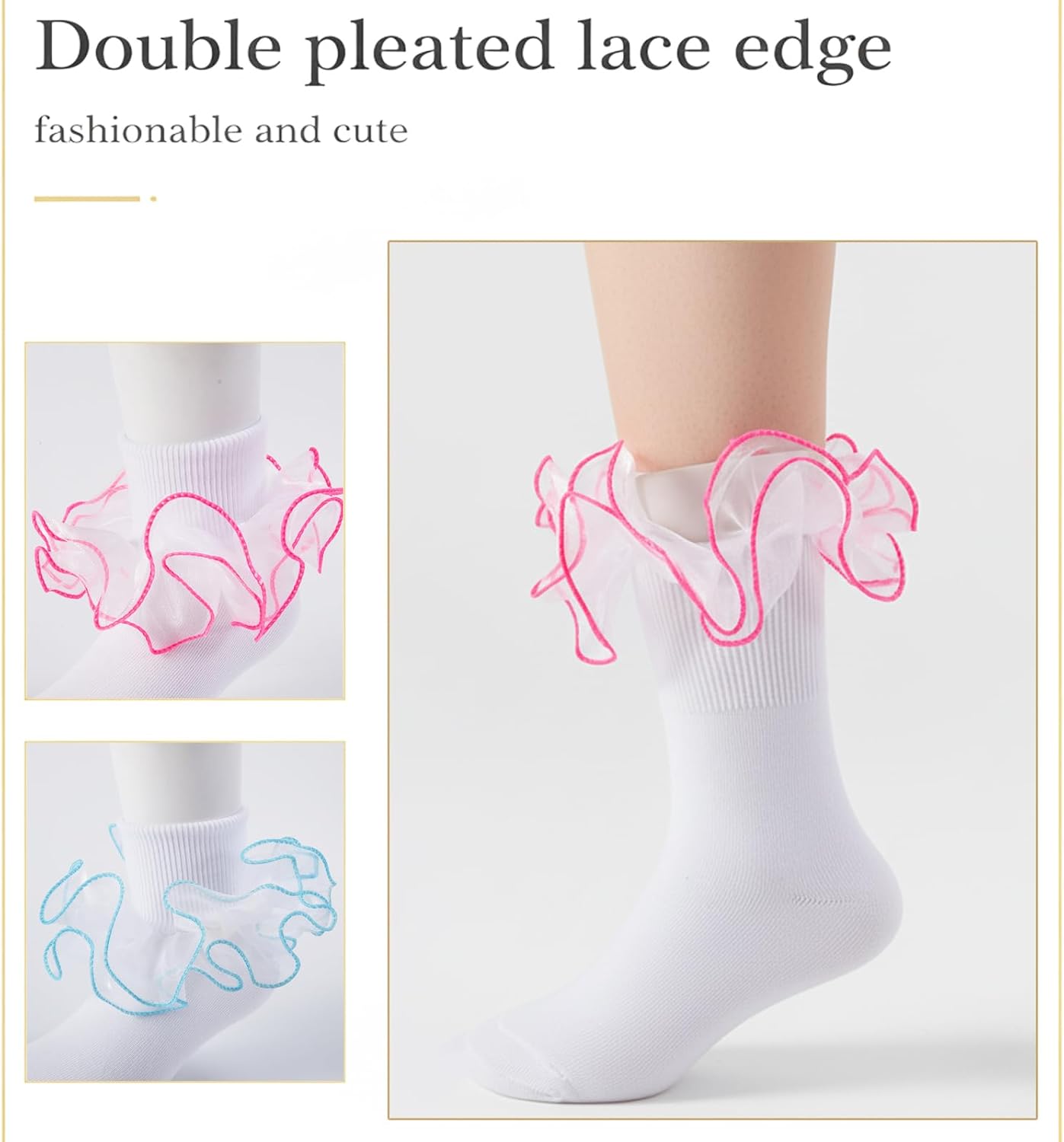 Girls Ruffle Socks Toddler Double Lace Frilly Socks Turn Cuff Ruffle Dress Socks Pageant Sock for Little Girl Kids - Image 3