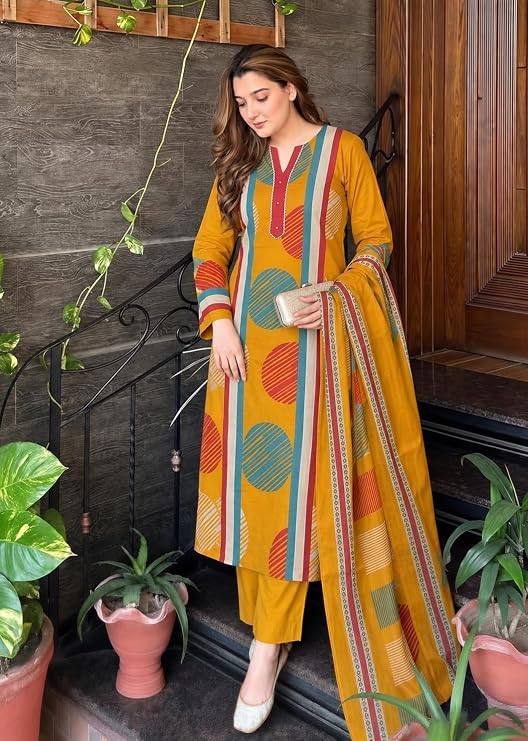 Image of ANNI Designer Cotton Blend Printed Straight Kurta with Pant and Dupatta for Women | Cotton Blend Mustard | Full Sleeve | Round Neck V-Slit | Ethnic Wear Casual Wear