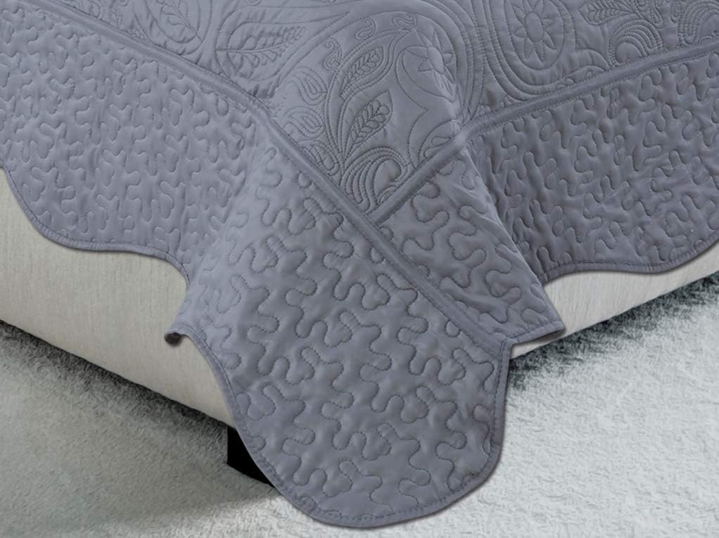Marina Decoration Embroidered Stitching Coverlet Bedspread Ultra Soft Solid 3 Piece Summer Quilt Set with 2 Quilted Shams, Grey Floral Paisley Pattern King Size