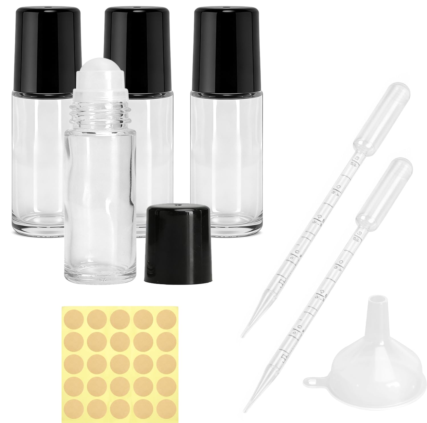 4 Pezzi 30ml Flaconi Roll on Vuoti in Vetro – Flaconi Roll on per Oli Essenziali con Sfera, Ricaricabili, con Contagocce, Imbuto e Adesivi per Aromaterapia e Profumi