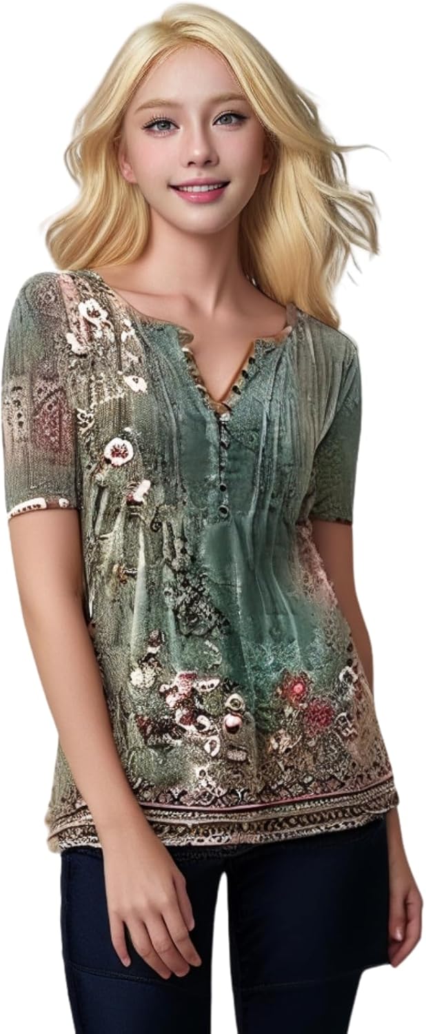 Womens Summer Tops Dressy Casual Short Sleeve Button V Neck T Shirts Trendy Boho Floral Tunic Blouses Cute Flowy Tees - Image 6