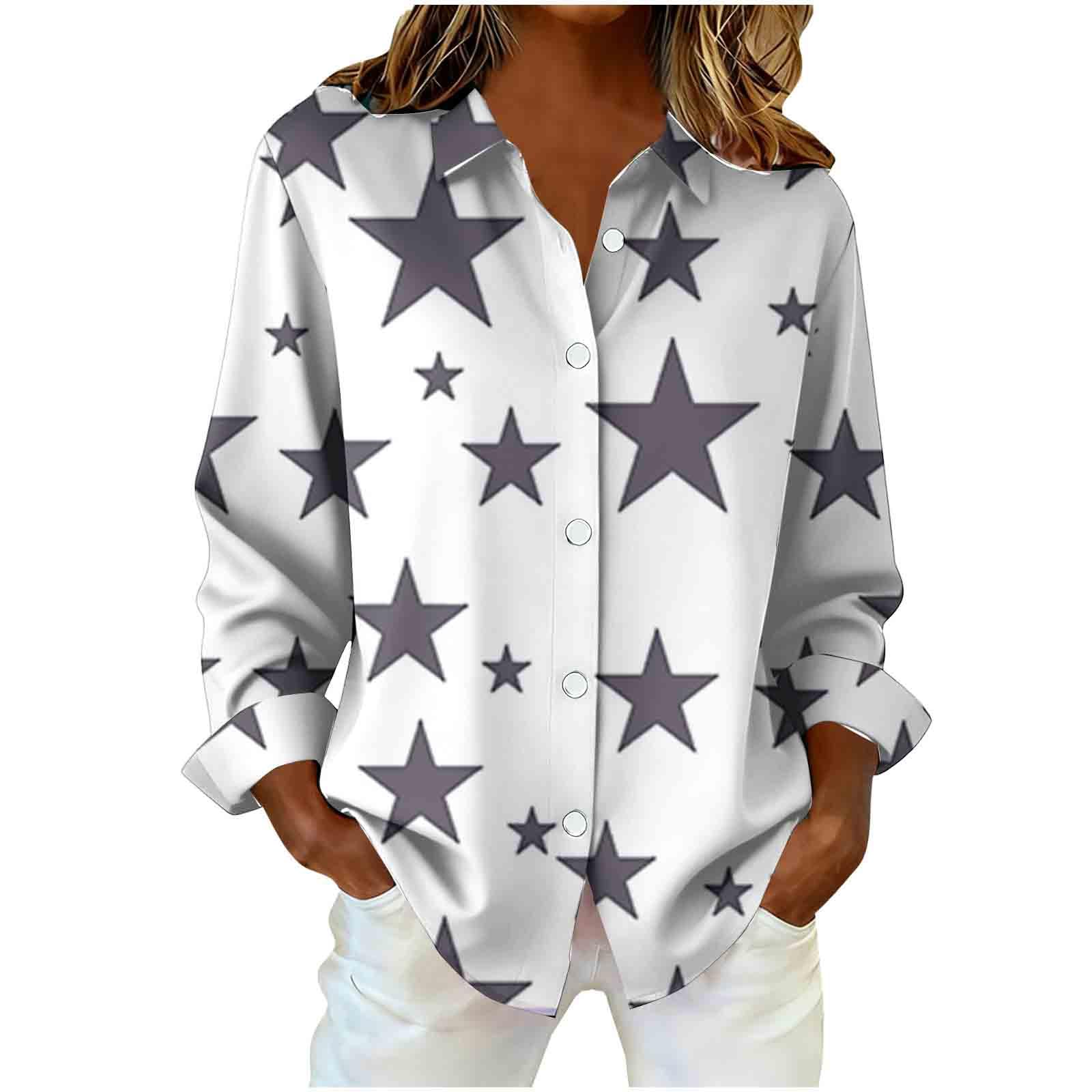 Women’s Star Print Button Down Shirt Long Sleeve Loose Fit Casual Tops Fashion Tunic Blouse Fall Holiday Party Outfit