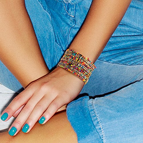 SPUNKYsoul Boho Colorful Multi-Layer Heishi and Gold Bead Wrap Bracelet – Vibrant Stacked Stretch Bangle Style for Everyday, Festival, or Vacation Wear (Fits Most)2