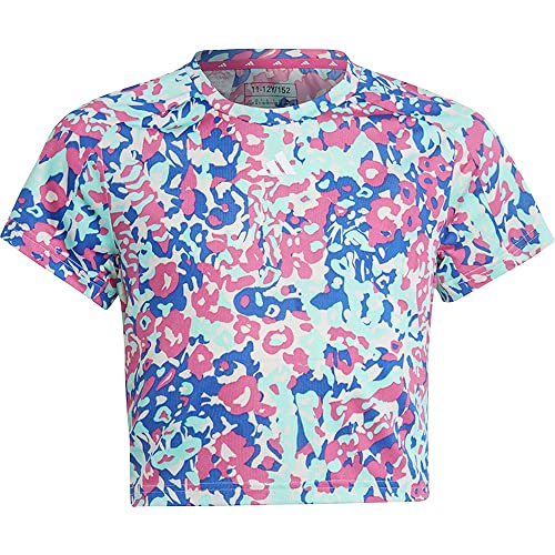 adidas Fille Train Essentials Seasonal AEROREADY Printed Crop Training Tee, Ecru Tint / Pulse Mint / Semi Lucid Fuchsia / Lucid Blue, 11-12 Years