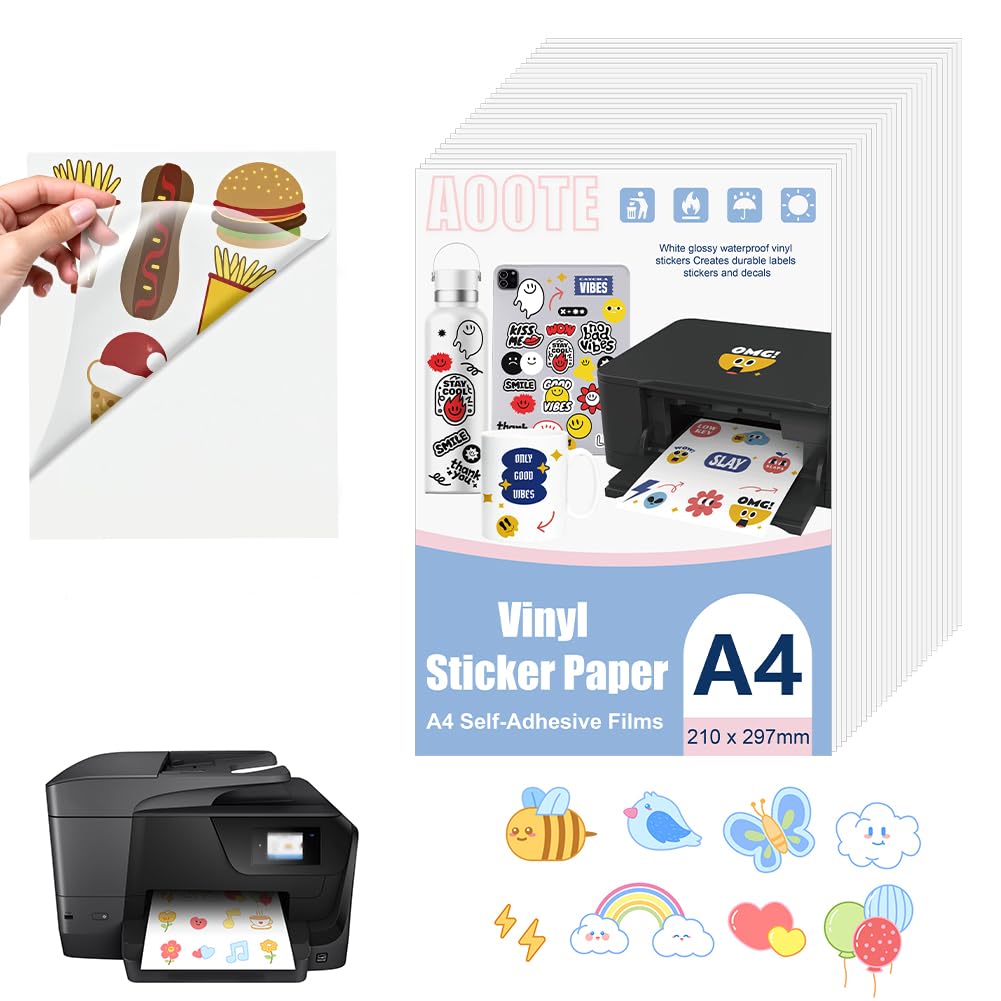 AOOTE 26 Sheets Clear Sticker Printer Paper, 297 x 210mm Printable Vinyl Stickers Paper, A4 Transparent Glossy Vinyl Sticker Paper for Inkjet, Use for Office, DIY Stickers, Clear