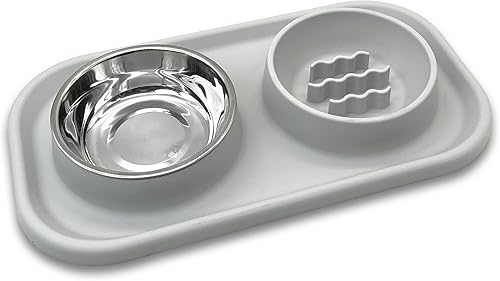 BNOSDM Cuencos dobles para perros, alimentador lento de silicona con alfombrilla de alimentación plegable, juego de cuencos de acero inoxidable para