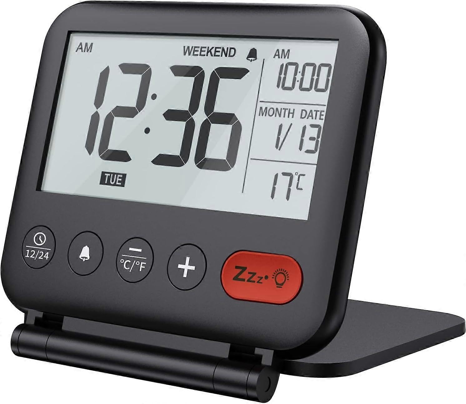 Reisewecker, Mini-Digitaluhr, LCD-Digitaluhr mit Hintergrundbeleuchtung, Kalender, 12/24-Stunden-Temperatur, Make-up-Spiegel, klein, faltbar, Schreibtischuhr, batteriebetrieben (