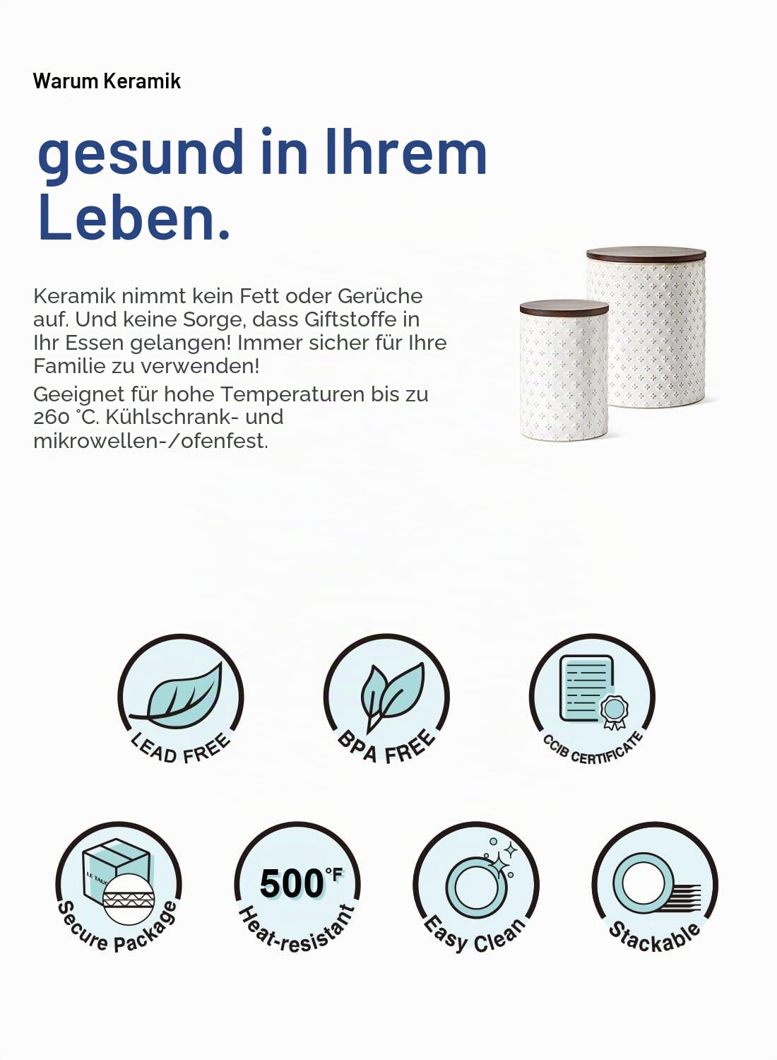 LE TAUCI Keramik Kaffeebehälterset mit luftdichten Deckeln | Dekorative Vorratsdosen für Zucker, Mehl und Tee - große Arbeitsplatten für Speisekammer Dekor, 2er Set, Klee