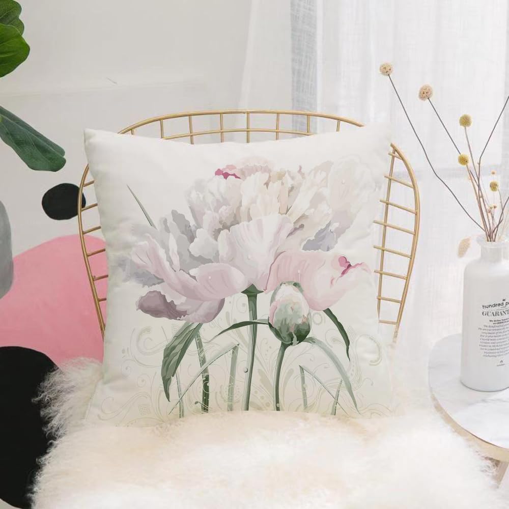 HYOSXW Cushion Cover,Throw Pillow Case Home Decorative for Living Room Bedroom Sofa Chair 16X16 Inch,Luxurious white peony flower painted in pastel colors with bud and floral patte,Pillowcase 40X40cm