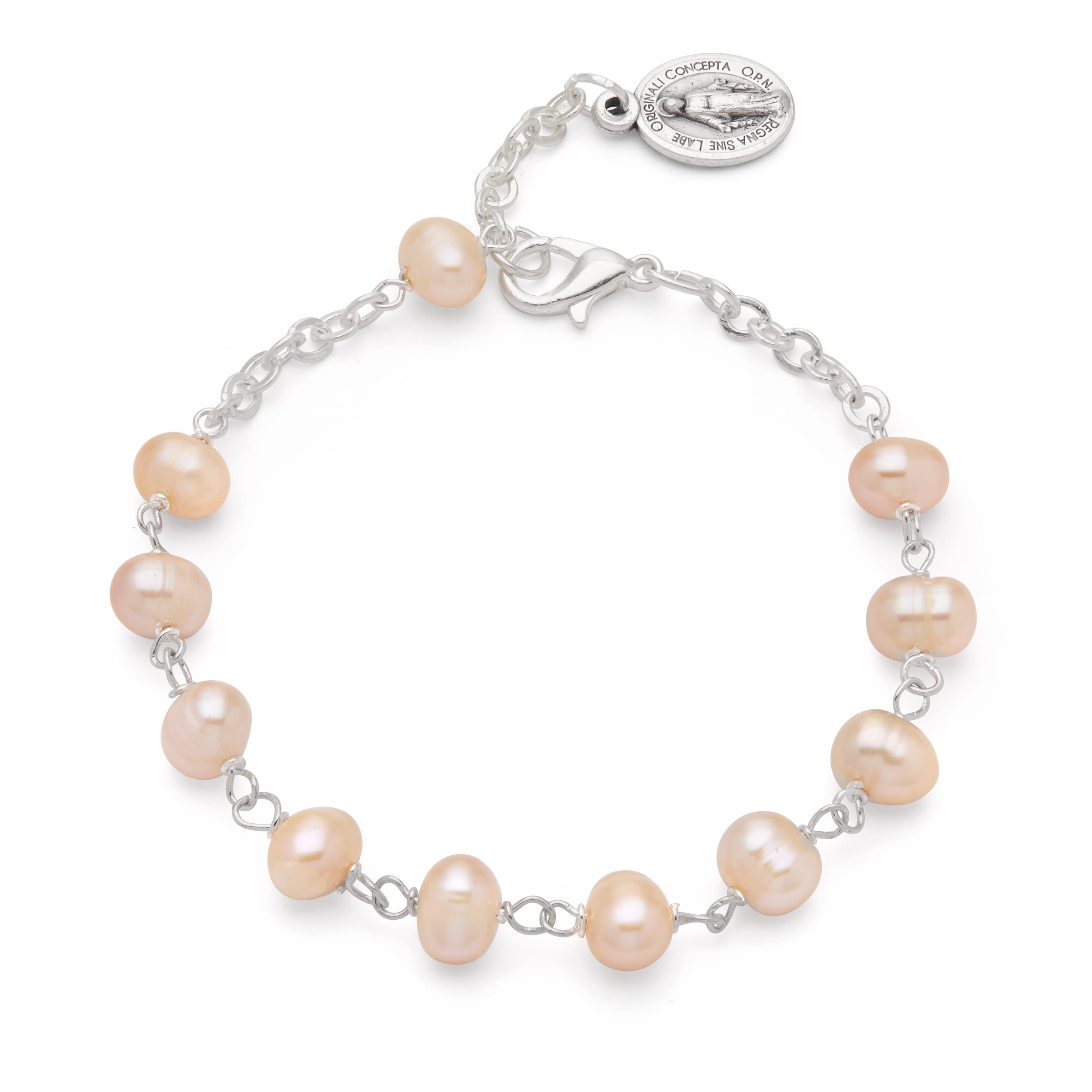 Mondo Cattolico - Pulsera rosario religiosa en cuentas de madera de olivo o cuentas de Agua Dolce o Nàcar - Espíritu Santo y Virgen Milagrosa y crucifijo