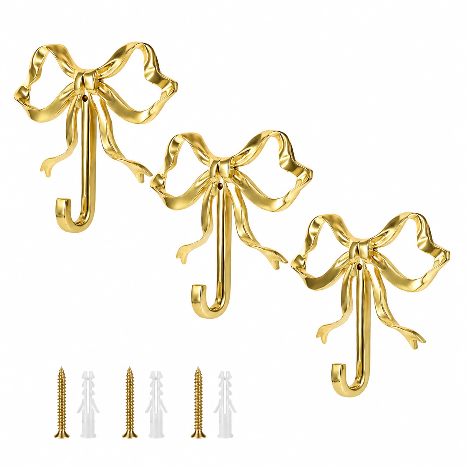 GZGRYTRC 3-Pack Gold Hooks, Decorative Wall Hooks, Entryway Organisation, Farmhouse Decor, Lightweight Storage, Housewarming Gifts, Gold Bow Design