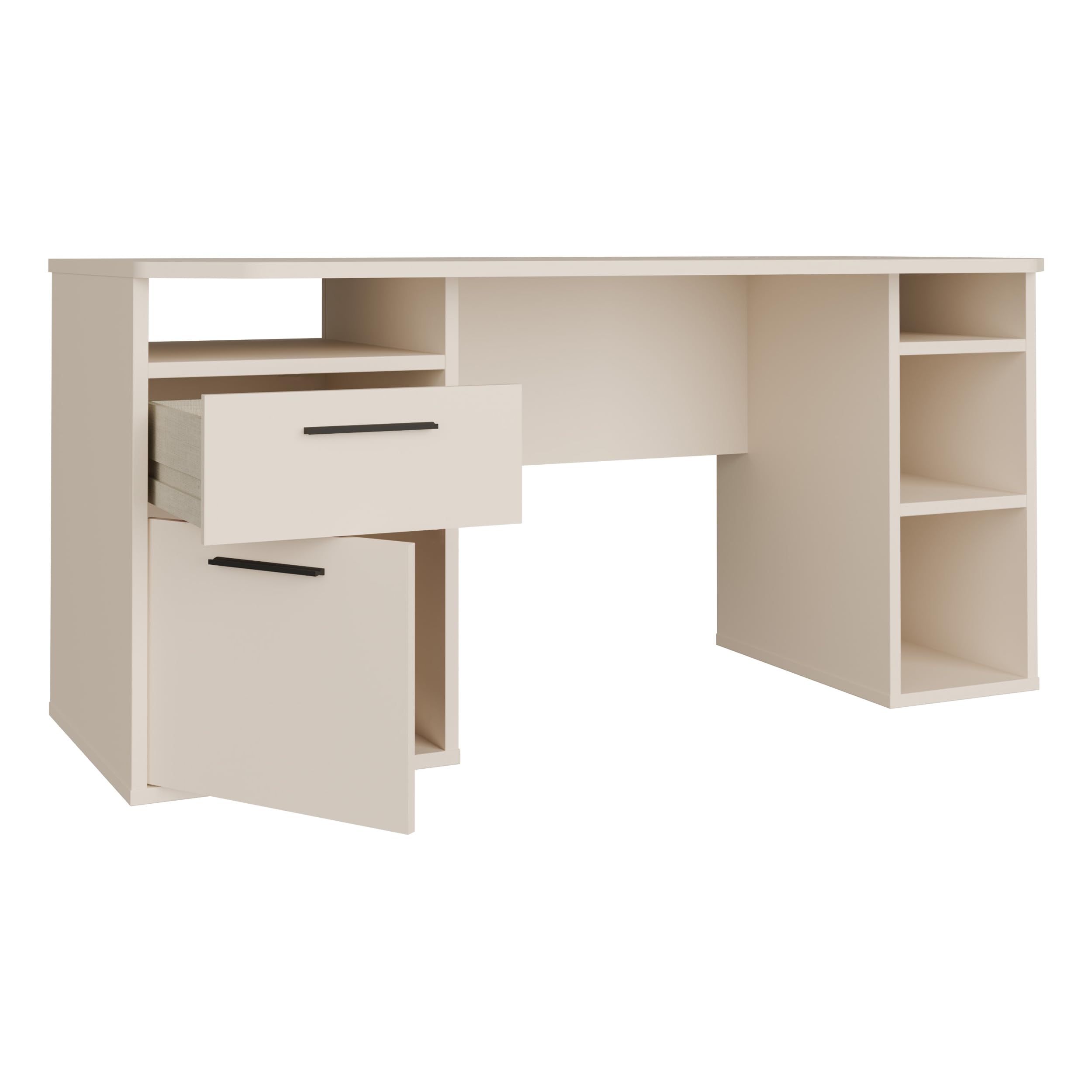 Forte TEZAUR Schreibtisch 160, moderner Schreibtisch mit Schublade, Tür und vielen Fächern, Jugendzimmer, Büro, Holzwerkstoff, Kaschmir Beige, 160 cm breit x 75,7 cm hoch x 72 cm tief