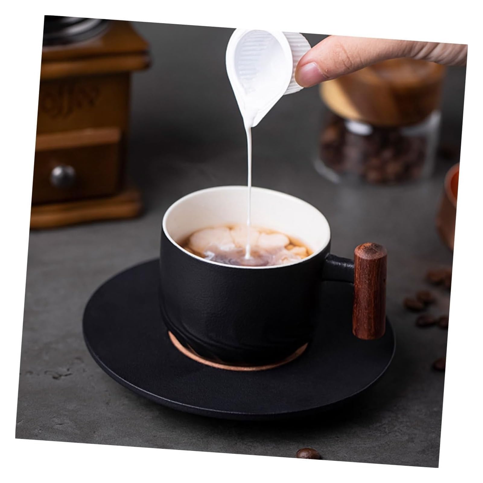 Taza de café, taza de té para oficina y hogar, 1 juego de taza de porcelana, taza de madera, taza de bebidas de cerámica, taza de café, taza de desayuno grande, taza de capuchino, mango de madera de