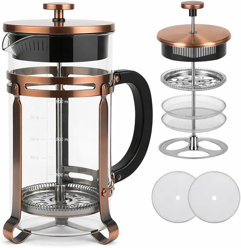 French Press Coffee Maker 34 oz, 304 Stainless Steel Double Mesh Filter, Borosilicate Glass, Heat-Resistant, BPA-Free, Ideal for Home, Office & Gift (copper, 34oz)