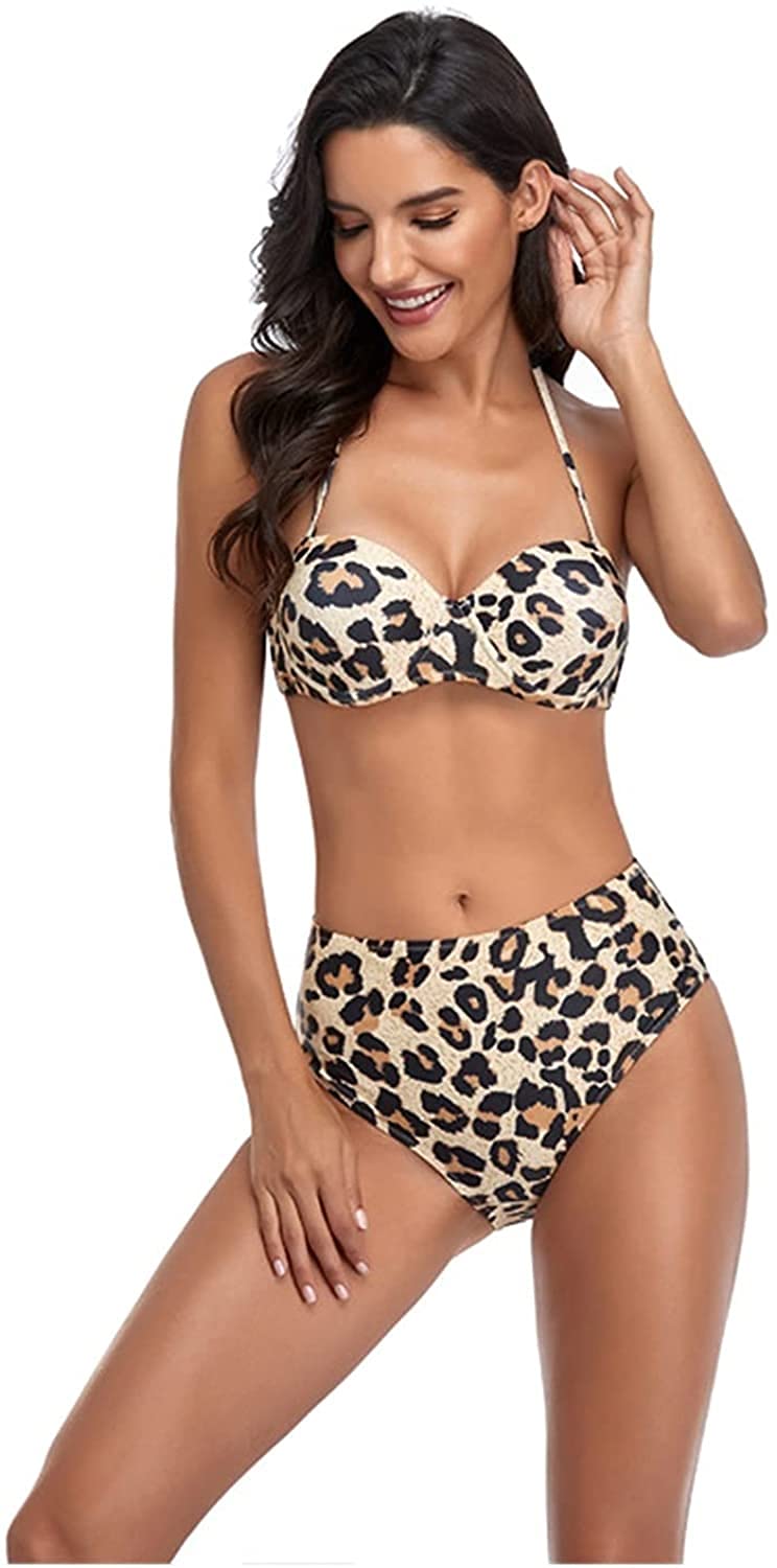 Set di bikini a vita alta con stampa leopardata, con push up e imbottitura