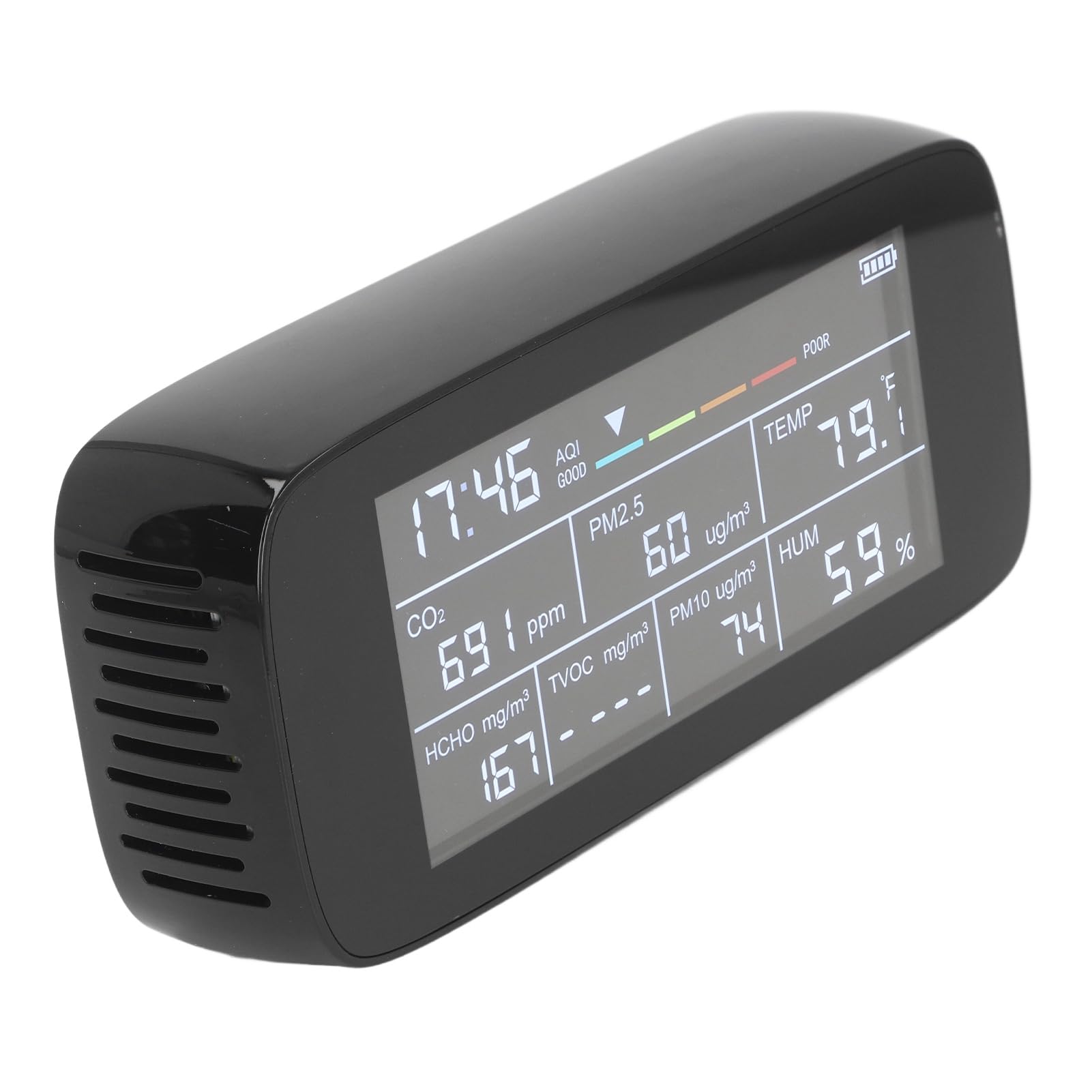 Miernik Jakości Powietrza w Pomieszczeniu, Monitor Jakości Powietrza PM2,5, PM10, CO2, TVOC, Wyświetlacz Czasu Tester Powietrza w Pomieszczeniu z Ekranem LCD do Użytku Domowego,