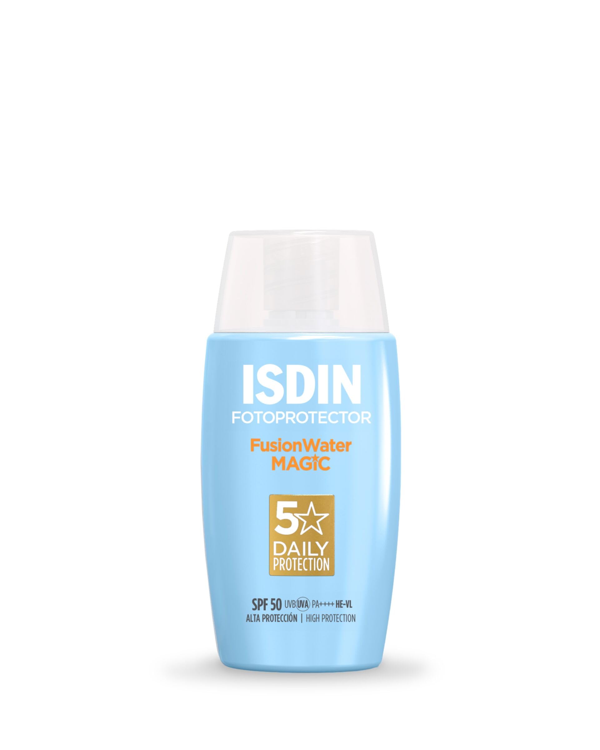ISDIN Fotoprotección Fusion Water MAGIC SPF 50, Protector Solar Facial de Textura Ligera y Fase Externa Acuosa con Tacto Final Sedoso, 50ml