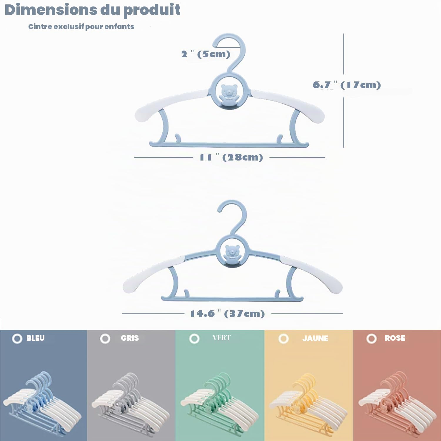 JSF Lot de 20 cintres empilables pour enfants - Avec crochets d'ours - Antidérapants - Pour vêtements d'enfants - Pour bébé - Peu encombrant (bleu + blanc)
