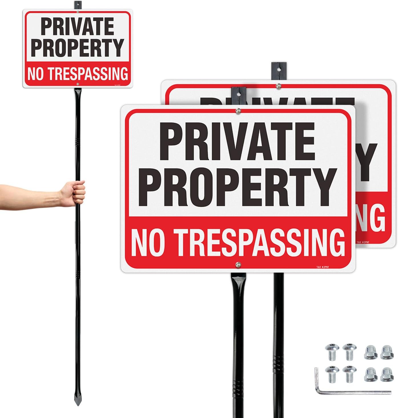 T&R Large No Trespassing Sign Private Property Sign with 54" Stake - 2 Pack - 14"x10" .040 Rust Free Aluminum, Reflective, Waterproof and Fade Resistant, 2 pre-drilled holes, Includes Matching Screws & Wrench, Easy to Mount