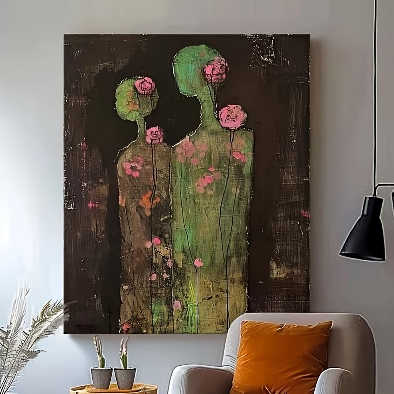 VCBNUGH Decorazione murale con coppia di fiori, stampa su tela con figure verdi e rose rosa, ideale per camera da letto o soggiorno (30x40 cm/con cornice)