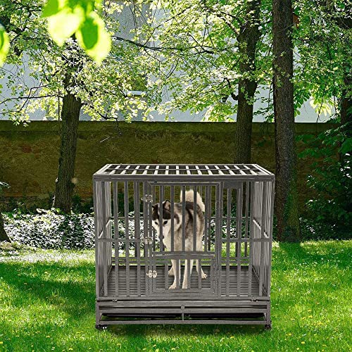Kelixu 42” Heavy Duty Dog Crate Large Dog Cage Metal Dog Kennels And Crates For Large Dogs Indoor Outdoor With Locks, Lockable Wheels And Removable Tray, Easy To Install, Black #TOP2