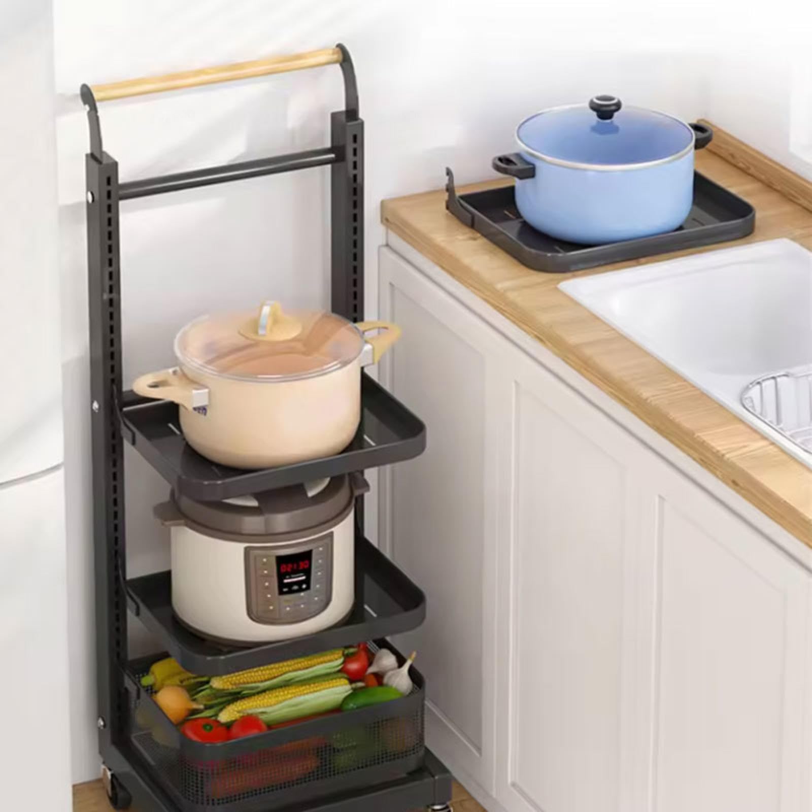 Soporte para sartenes de pie con tablas blancas para tapa, bandeja de horno y almacenamiento de ollas, soporte para ollas y nizer