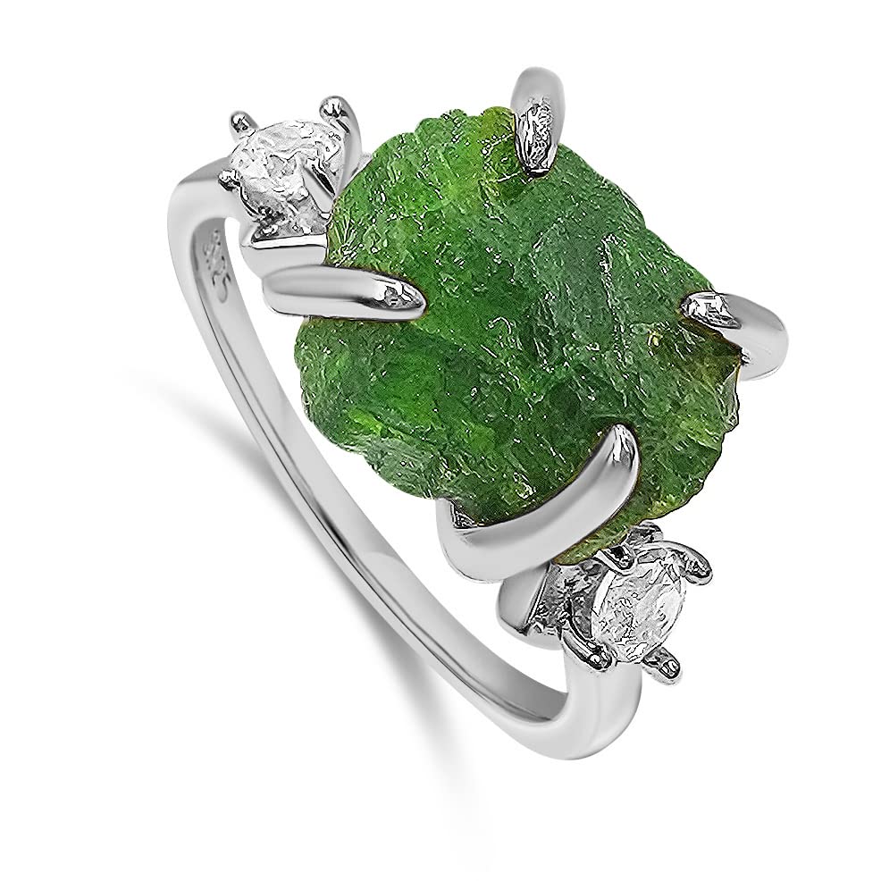 Real Raw Crystal Ring Birthstone sterling silver White Gold statement Jewelry gift for her Christmas Mothers Day Birthday Valentine Statement Ring Gift Uniquelan Jewelry (green-tourmaline, 8)