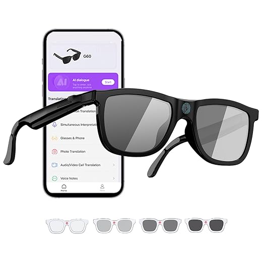 Electrochromic AI Glasses for Men & Women, Bluetooth Smart Glasses Powered by ChatGPT, AI Real-time Translation with 164 Languages, Music Play, Hands-Free Calls, Sunglasses for Daily Use, Travel